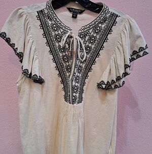 Ralph Lauren Cream Black Ruffle Sleeve Blouse